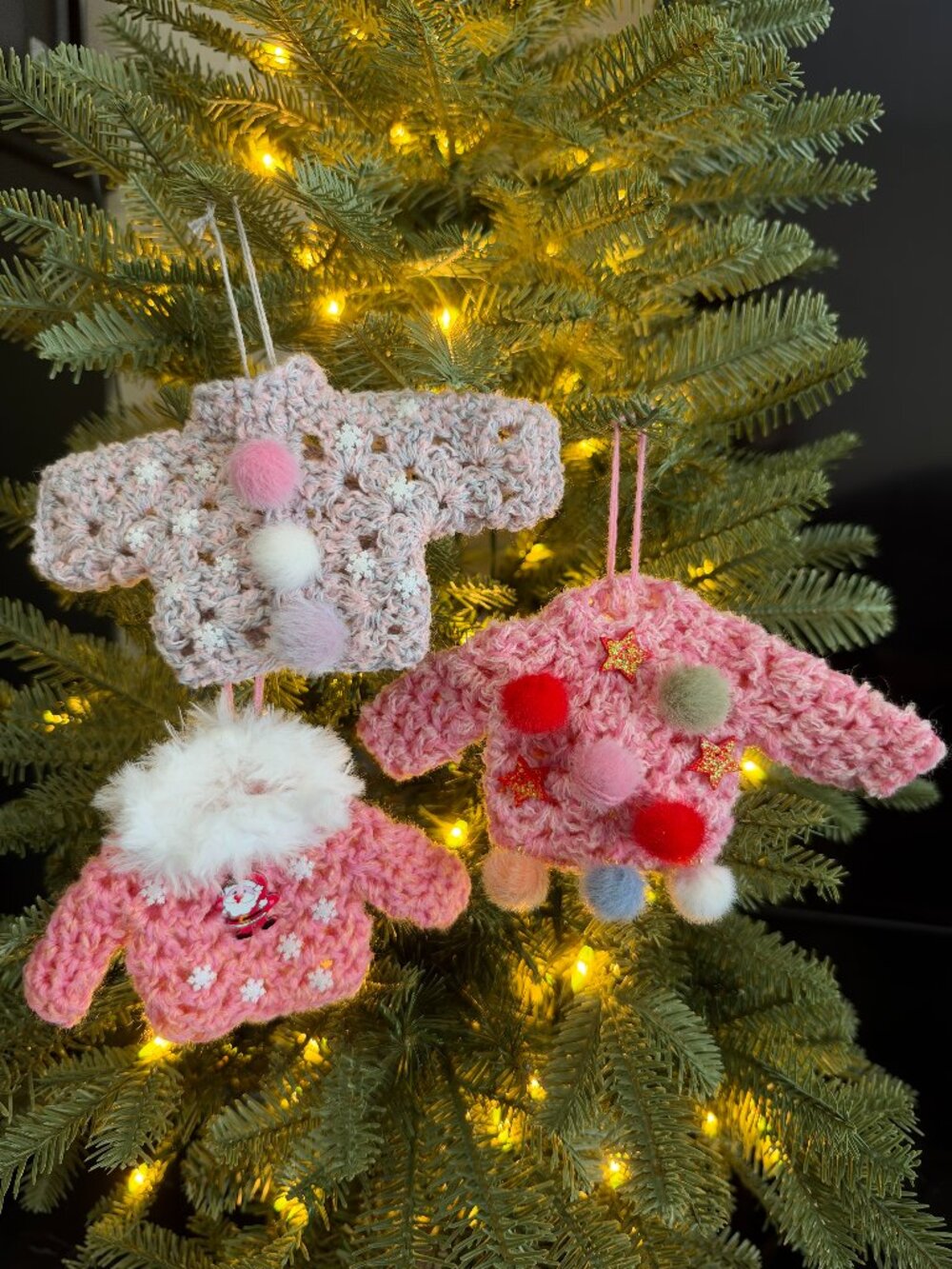 Handmade Crochet Ugly Christmas Sweaters Hanging Pink Toned Ornaments Set of 3